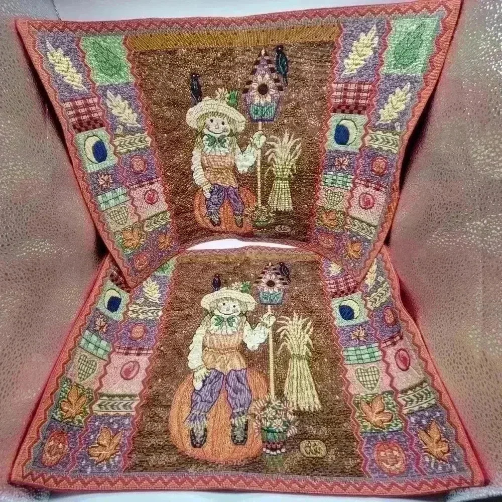 VTG Set of 2 Fall Tapestry Placemats Happy Scarecrow Pumpkins Crows Birdhouses